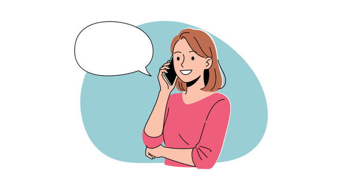 A young woman is talking on the phone with a smile on her face and a speech bubble above her head.