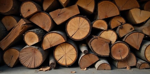 Fototapeta premium A rustic pile of seasoned firewood, ready for a cozy fire Perfect for autumn, winter, or fireplace themes Various wood types and sizes are visible , logs, wooden, texture