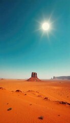 Vast, empty desert landscape stretches to the horizon under a blazing sun; a single, lonely rock formation stands in the middle distance, emphasizing the scale of isolation , stillness, desert, calm