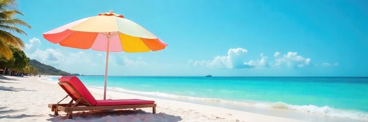Relaxing beach scene featuring a large, colorful resort umbrella providing shade on a sunny day Perfect for travel, vacation, and summer themes , outdoor, getaway, tropical