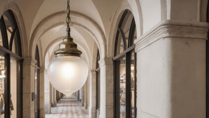 Elegant arched hallway with vintage pendant light and large windows.