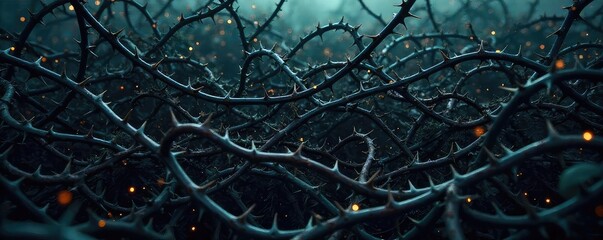 A close-up shot of a tangled, dark mass of thorns and vines, symbolizing the overwhelming and prickly sensation of nightmare stress , struggle, suffocating