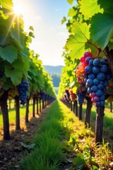 Sun-drenched rows of ripe grapes hanging heavy on the vine, ready for harvest in a picturesque vineyard Lush greenery, perfect for wine labels and autumnal themes , eco-friendly, winemaking