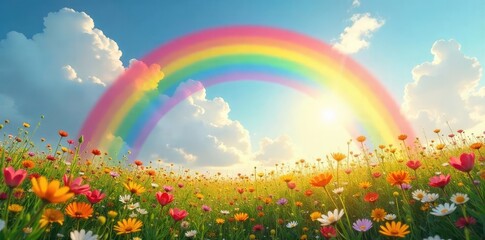 A vibrant rainbow arcing over a sun-drenched field of wildflowers, symbolizing universal joy and contentment Perfect for themes of inclusivity, peace, and well-being , vibrant, botany