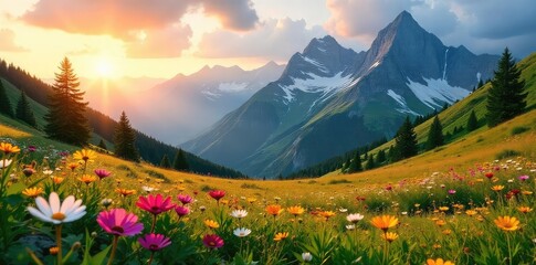 Serene alpine meadow nestled amongst towering mountain peaks, bathed in the golden light of sunset Wildflowers bloom in vibrant colors, creating a picturesque landscape , orange, summit