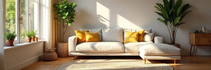 Relaxing scene of a cozy living room with natural light streaming in, featuring a comfortable-looking couch inviting you to lie down and unwind , serene, daytime, chill
