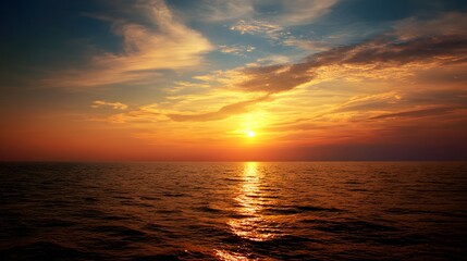 Obraz premium Sunset over the calm ocean with reflection.