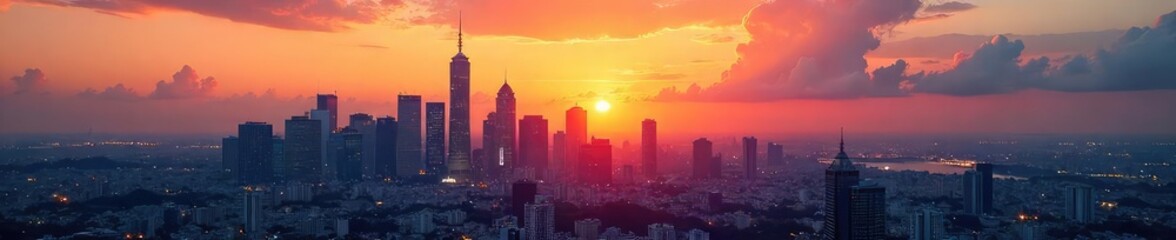 A thriving cityscape at sunset, symbolizing growth and expansion in a competitive market  Ideal for illustrating business success and reaching new heights ,  strategy,  lights,  city