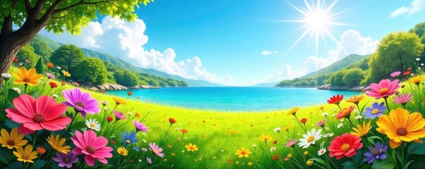 Vibrant summer scene bursting with colorful flowers, lush greenery, and a bright sunny sky  Perfect for summer themes, travel brochures, or nature-related projects , field, summer