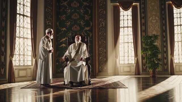 Man elder beard robe sitting. Man standing near throne. Ornate palace interior suggests leader and heritage. Quiet discussion conveys authority and tradition. Soft sunlight rug pattern enhance calm.