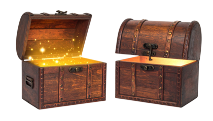  Two magical wooden chests with sparkling particles isolated on transparent background