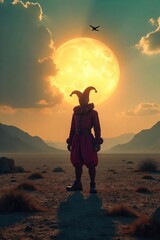 A lone jester figure stands isolated in a desolate, barren landscape, silhouetted against a harsh sun  The image evokes feelings of loneliness, absurdity, and isolation , silent, emptiness, tragedy