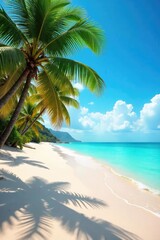 A tranquil beach scene; sun-drenched sand, swaying coconut palms, gentle waves lapping the shore, conveying a sense of serene, undisturbed peace and quiet , ocean, stillness, coconut grove