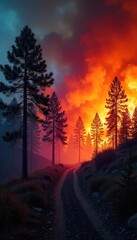 Fierce wildfire raging through a dry pine forest, consuming trees and undergrowth, leaving a trail of destruction and smoke The intense flames illuminate the dark sky , forest fire, landscape