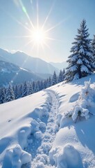 A picturesque hill blanketed in a thick layer of pristine, freshly fallen snow, glistening under a soft winter sun Perfect for winter wonderland themes and holiday imagery , sky, surface, outdoors