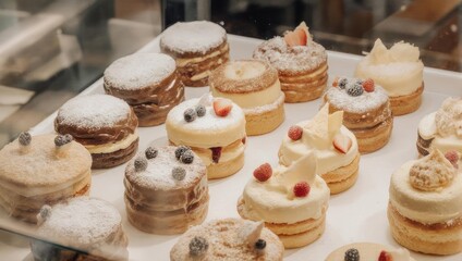 Elegant display of assorted mini cakes and pastries with fresh fruit.