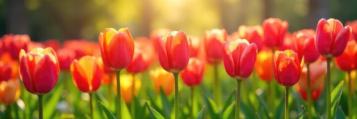 Vibrant tulips bursting forth in a lush spring meadow, bathed in the warm sunlight of a new season Perfect for spring themes, nature imagery, and seasonal celebrations , pollination, field