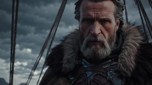 Seafaring warrior stands on deck. Viking captain man stares sea. Beard fur cloak accent armor. Ship rigging frames figure against storm. Brooding atmosphere suggests epic voyage endurance and stamina.