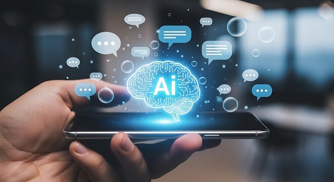 A hand holds a smartphone with an ai brain and speech bubbles floating above it, representing artificial intelligence, machine learning, and the future of technology - Powered by Adobe