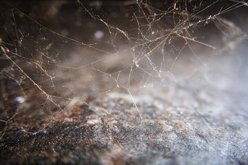 Macro shot of an intricate spiderweb glistening with dust against a dark, textured surface