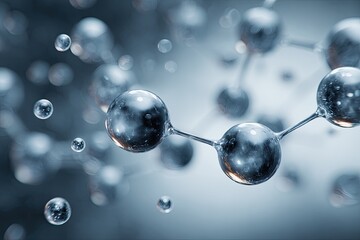 Abstract scientific structure of connected glossy spheres against a blurred background