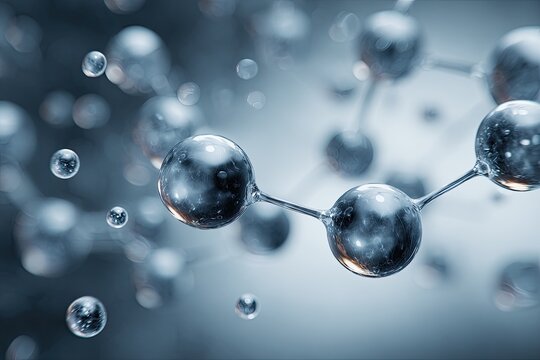 Abstract scientific structure of connected glossy spheres against a blurred background - Powered by Adobe