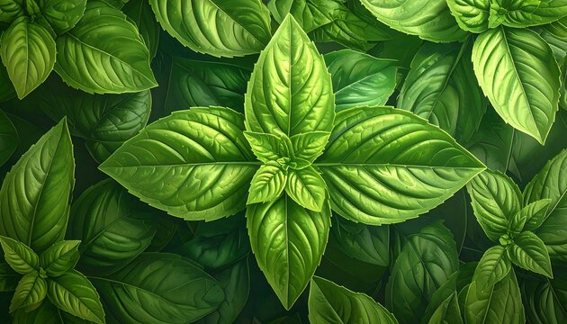 Close-up vibrant green leafy foliage, showcasing a central symmetrical leaf arrangement
