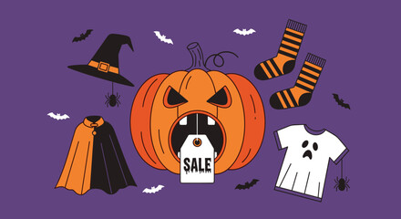 Spooky Halloween sale with jackolantern witch hat cape ghost shirt socks bats and spiders on purple Perfect for promotions