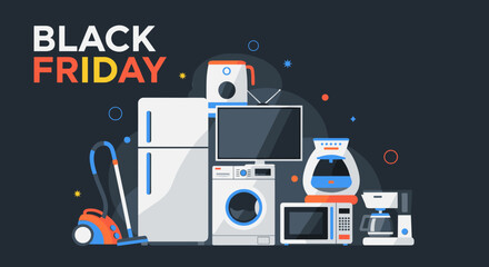 Black Friday sale graphic featuring major appliances and consumer electronics