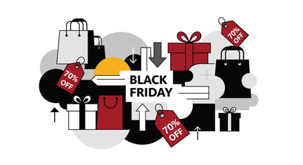 Obraz premium Black Friday sale vector illustration with shopping bags gift boxes and 70 off discount tags