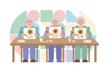 Seniors painting sunflowers enjoying a creative and relaxing hobby Ideal for senior care leisure wellbeing