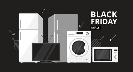 Black Friday Deals illustration featuring major kitchen and home appliances on a black background