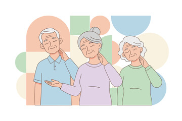 Seniors massaging their necks for pain relief or relaxation Elderly wellness and health