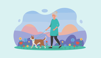 Happy senior woman walking her dog in a vibrant park with colorful flowers promoting active lifestyle