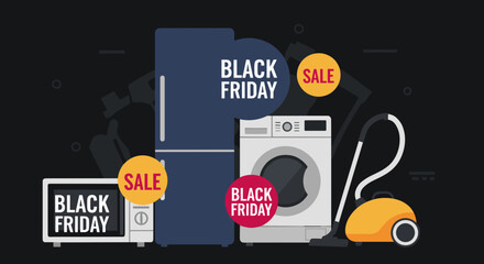 Naklejka premium Black Friday sale on major home appliances refrigerator washing machine microwave and vacuum cleaner illustration