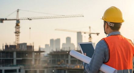 Construction engineer or architect reviewing plans on a tablet and blueprints at a building site with cranes and structures in the background during sunset