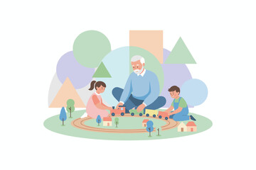 Grandfather and grandchildren joyfully play with a toy train set showing family bonding