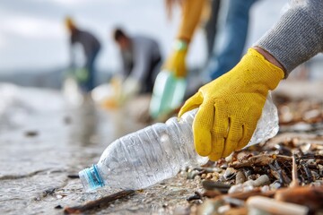 A gloved hand picks up a plastic bottle from a polluted beach shoreline