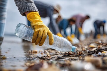 Person in yellow gloves picking up a plastic bottle from a polluted shore with others