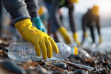 Person in yellow gloves picks up plastic bottle from a litter-strewn shore at sunset