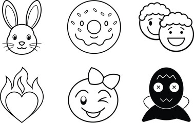 Cute Emoji and Object Icons Outline Set Bunny, Donut, Heart, Friends, and Funny Faces Vector Illustration