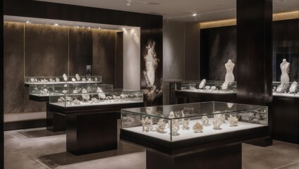 Elegant Jewelry Store Display with Luxurious Showcases and Mannequins.