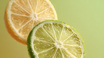 Sliced citrus fruits, a lemon and a lime, overlap with a soft green background.