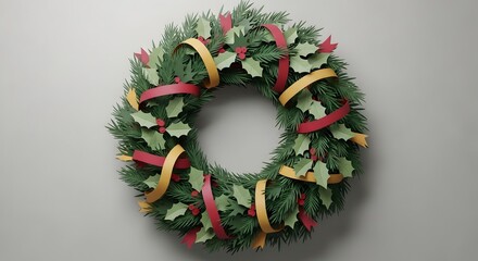 A festive Christmas wreath adorned with red and gold ribbons and green holly leaves.