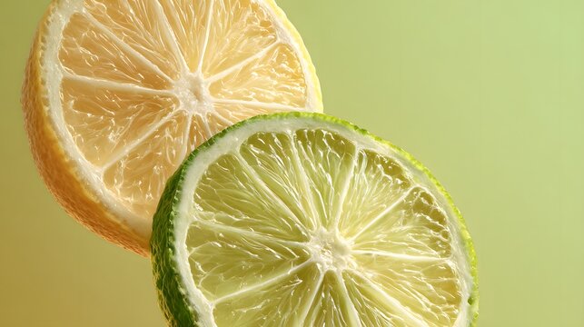 Sliced citrus fruits, a lemon and a lime, overlap with a soft green background.