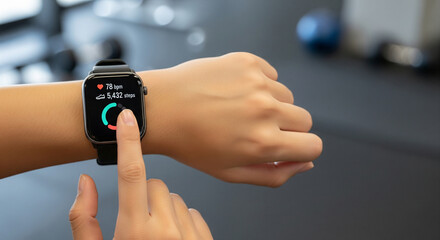 Closeup of a persons hand using a smartwatch, touching the screen displaying fitness data with colorful rings, indicating health tracking