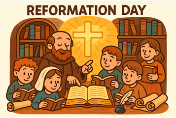 Reformation day celebration with historical figures in a library setting