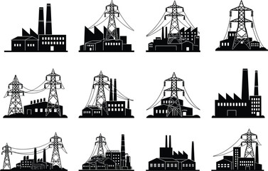 Fototapeta premium Industrial Factory and Transmission Tower Silhouettes – Energy Infrastructure, Power Plant Vector, Electricity Grid, Urban Engineering Scene for Adobe Stock Content