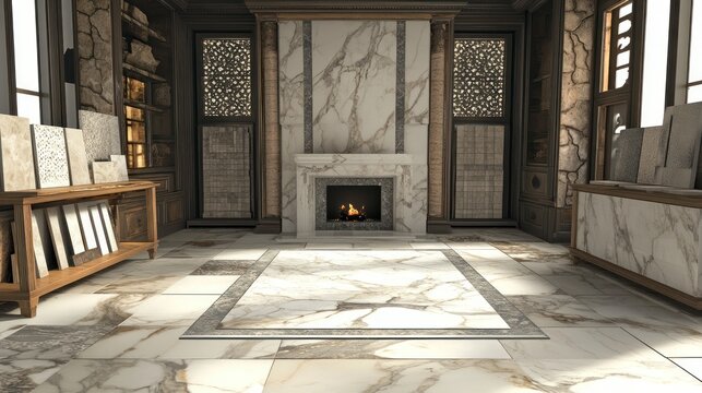 Marble tile samples in showroom by fireplace. Interior design, luxury home concept