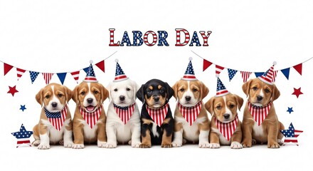 Fototapeta premium A group of cute pet puppies celebrating Labor Day with patriotic hats and bandanas, isolated on white background